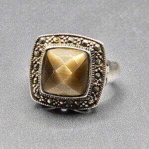 Sterling Silver 925 Smokey Quartz Marcasite Ring Size 8 Checkerboard Dome 7.02g